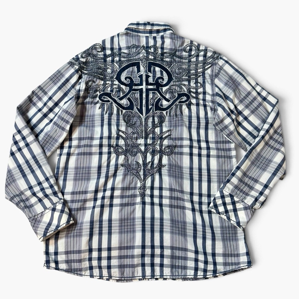 Roar Shirt Mens XL Blue Plaid Long Sleeve Button Up Western Embroidered Tribal